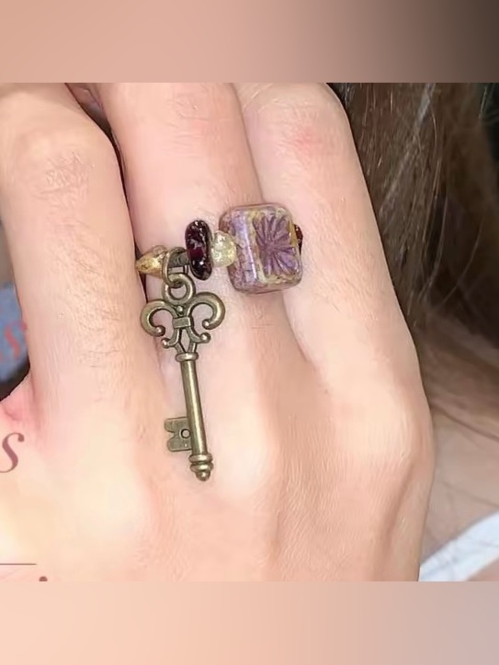 Vintage-Style Purple Bead Ring with Key Charm